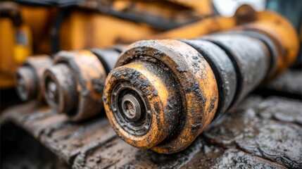 Close-up shot of rusty, heavy machinery components covered in mud, offering a gritty texture.