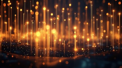 Abstract glowing orange light rays and particles rising vertically over a dark wave-like surface creating a futuristic and ethereal atmosphere