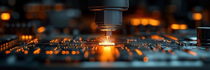 Close-up of a high-precision laser cutting or welding machine working on a circuit board emitting bright orange sparks in a dark industrial environment