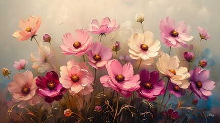 Vibrant Pink and White Cosmos Flower Painting