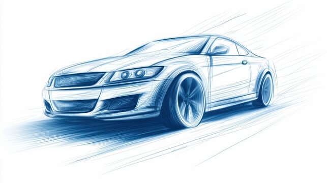 A stylish, blue-toned car sketch showcasing a modern coupe design, with dynamic lines and details rendered in a sketch style.