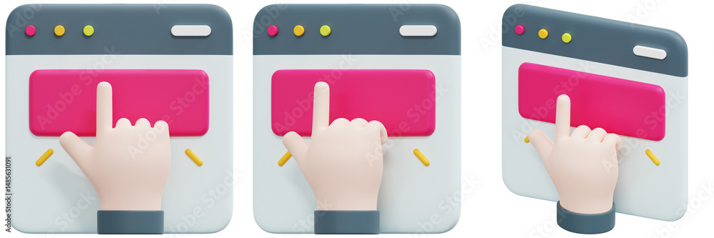 Poster set of hands clicking a pink web button 3d render icon illustration