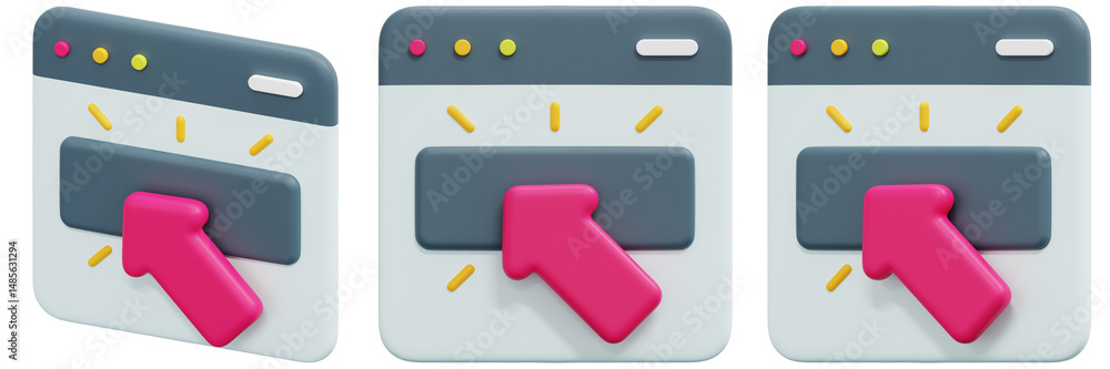 Poster set of pink arrow click interface 3d render icon illustration