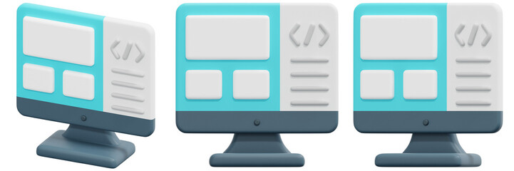 Set of Computer Screen Designs with Blue and White Interface 3d Render Icon Illustration