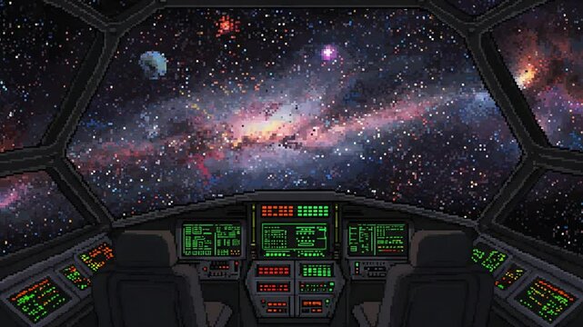 Pixel art spaceship cockpit view into outer space colorful nebulae