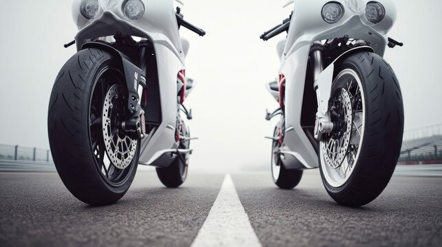 Two pristine white sport motorcycles are perfectly aligned on a racetrack, awaiting their riders. The bikes sit on the asphalt, ready for speed.