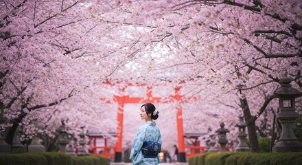 Japanese Woman Under Cherry Blossoms