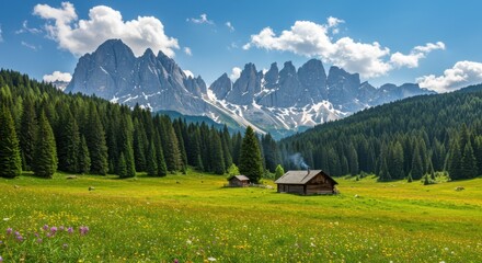 Mountain valley scene representing natural beauty and serenity, featuring cabin and meadow