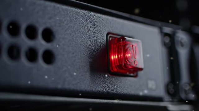 Red Power Switch on a Black Electronic Device With Particles Floating in Dark Backdrop