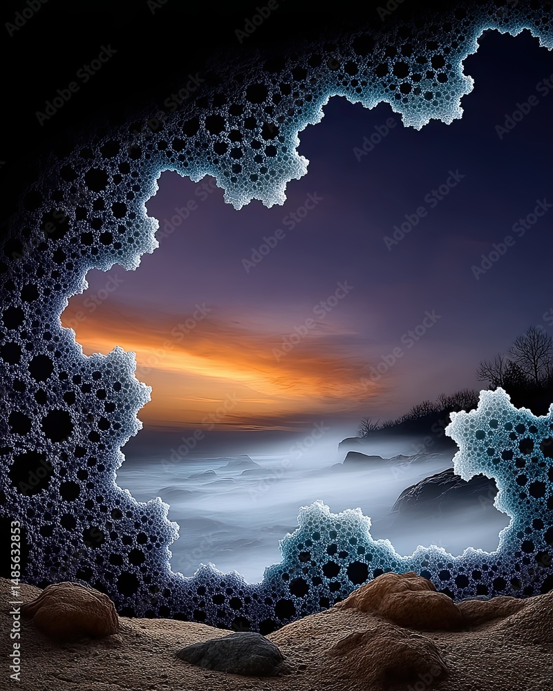 Aufkleber abstract coastal scene with intricate patterns framing a serene ocean view at sunset, showcasing vib