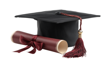 A set of stylish black graduation caps with maroon glossy tassels and rolled diplomas tied with ribbons, isolated on a transparent background
