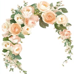 Delicate floral arch of pastel peach and cream roses,  with  subtle greenery.  Soft, romantic, and elegant