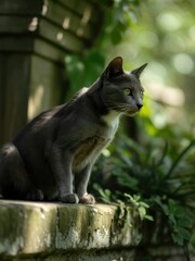 Elegant Black Cat with White Rose on a Sunlit Garden Wall