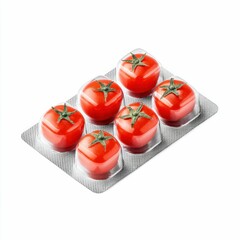 Six vibrant red cherry tomatoes presented in a blister pack, offering a unique conceptual image suitable for various uses.