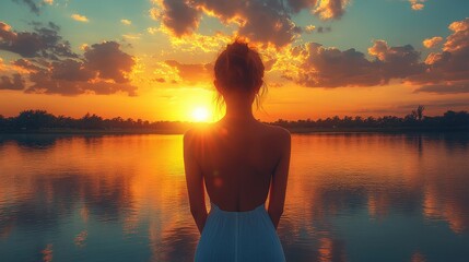 Fototapeta premium A serene woman contemplates a vibrant sunset over a tranquil lake.