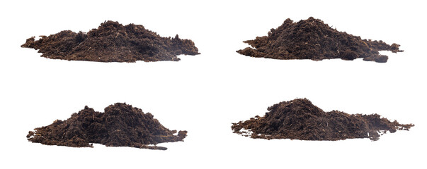 Mounds of rich, dark organic soil mixed with peat moss and compost, arranged in a circular pile, isolated on a white background. © loechai