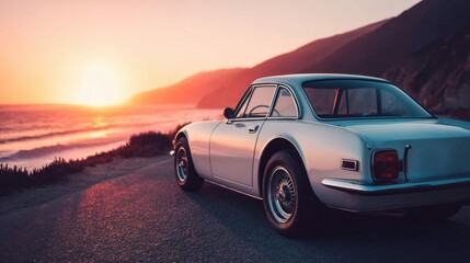 A classic sports car is parked on a coastal road, golden sunset casts a warm glow. The ocean and hills complete the breathtaking scenery.