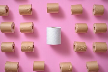 Arrangement of multiple brown paper-wrapped toilet paper rolls surrounding a single white toilet paper roll on a pink background, conveying contrast and uniqueness