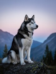 Fototapeta premium Majestic Heterochromatic Siberian Husky Overlooking Misty Mountain Valley at Twilight