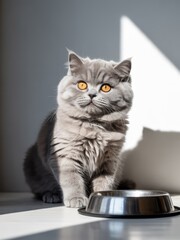 Adorable Grey British Shorthair Cat with Striking Orange Eyes Patiently Waiting by Food Bowl