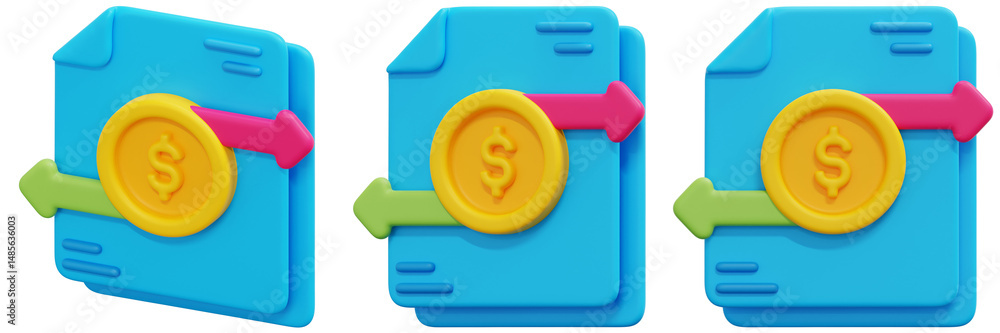 Poster set of 3d illustration of financial transaction documents with arrows and coins 3d render icon illus