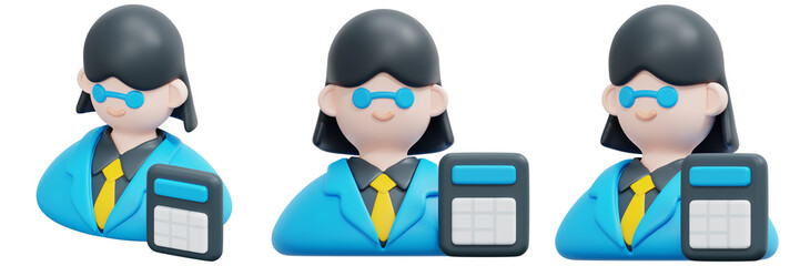 Set of 3D Cartoon Accountant Avatar with Calculator 3d Render Icon Illustration