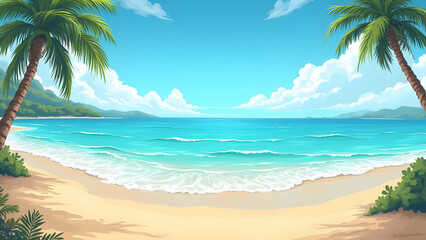Beautiful Beach Illustration — Tropical Ocean Waves, Palm Trees & Summer Paradise Scene