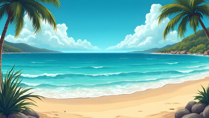Beautiful Beach Illustration — Tropical Ocean Waves, Palm Trees & Summer Paradise Scene