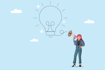 Spreading the Word of Innovation: Businesswoman Using a Megaphone to Promote a New Idea.