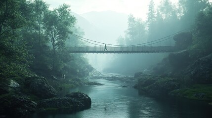 Fototapeta premium Misty mountain hiker on ancient rope bridge