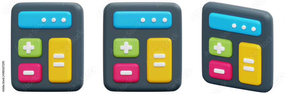 Poster set of colorful calculator app interface design 3d render icon illustration