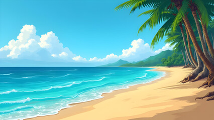 Beautiful Beach Illustration — Tropical Ocean Waves, Palm Trees & Summer Paradise Scene