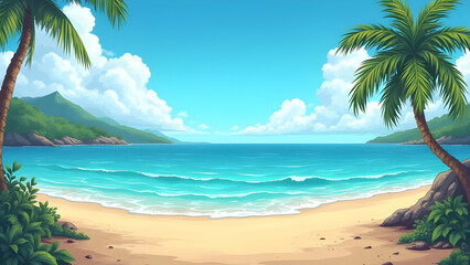 Beautiful Beach Illustration — Tropical Ocean Waves, Palm Trees & Summer Paradise Scene