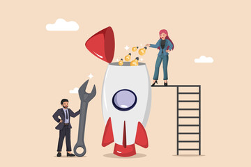 Fueling the Startup Idea. Business Woman Loading Light Bulbs Ideas into a Rocket While a Businessman Holds a Wrench.