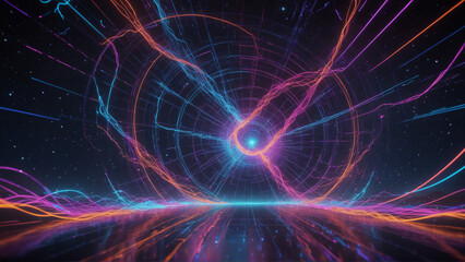 Fototapeta premium Abstract digital tunnel with vibrant neon light trails