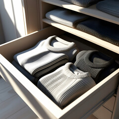 Ultra-realistic illustration of a minimalist wardrobe drawer opened to reveal neatly folded monochrome knitwear. 