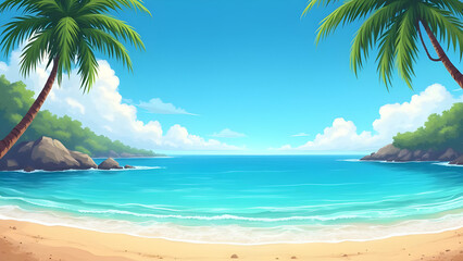 Beautiful Beach Illustration — Tropical Ocean Waves, Palm Trees & Summer Paradise Scene
