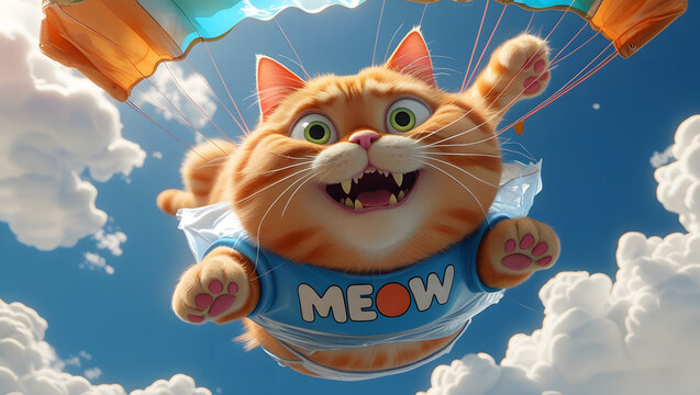 Adorable Orange Cat Skydiving Fun 3D Rendered Illustration