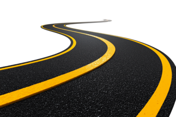 A set of winding smooth roads with yellow dashed lines and contrasting white borders, isolated on a transparent background