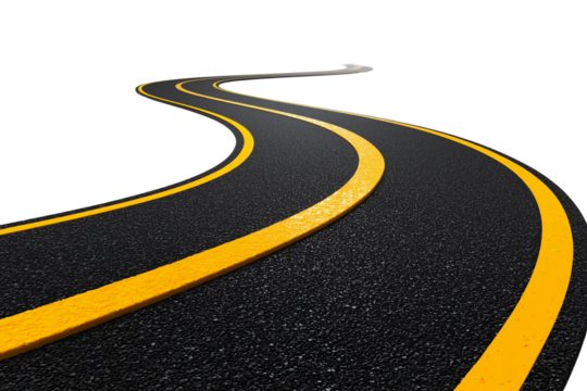 A set of winding smooth roads with yellow dashed lines and contrasting white borders, isolated on a transparent background