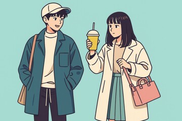 Cartoon style illustration of a young couple with casual fashion outfits, the woman holding a drink
