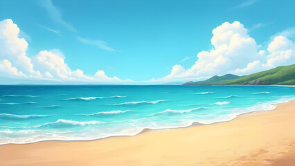 Beautiful Beach Illustration — Tropical Ocean Waves, Palm Trees & Summer Paradise Scene