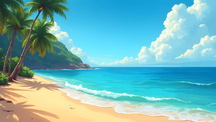 Beautiful Beach Illustration — Tropical Ocean Waves, Palm Trees & Summer Paradise Scene