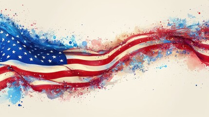 Patriotic watercolor-style artwork of an American flag, flowing dynamically.