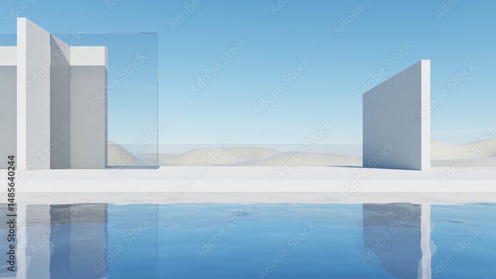 Poster 3d illustration of abstract minimal architecture background, geometric architectural with glass desi