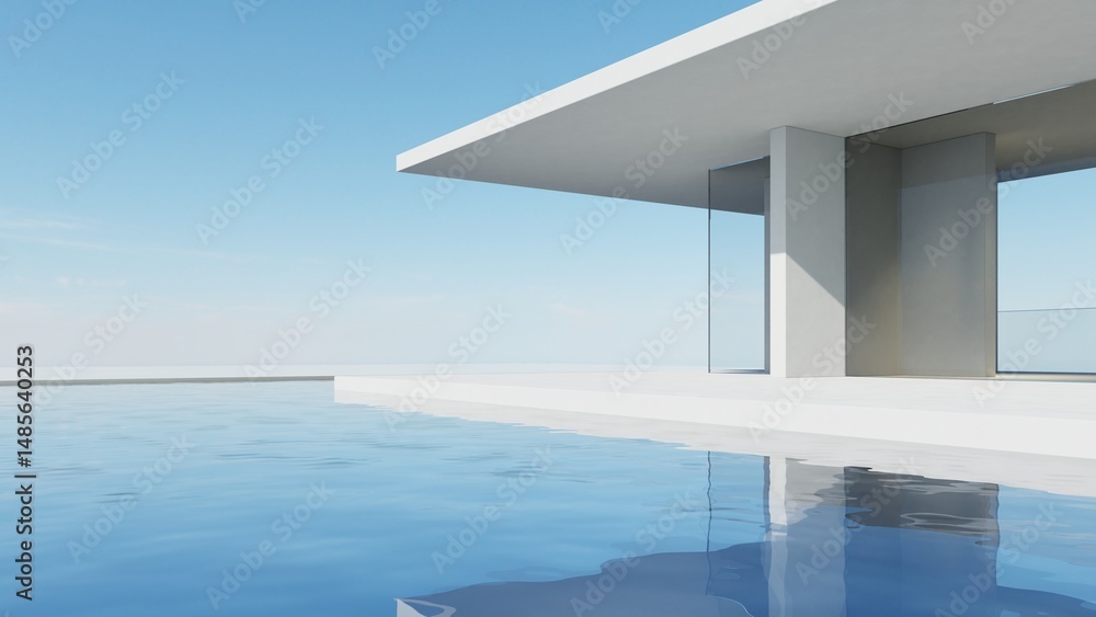 Aufkleber 3d illustration of abstract minimal architecture background, geometric architectural with glass design on water surface