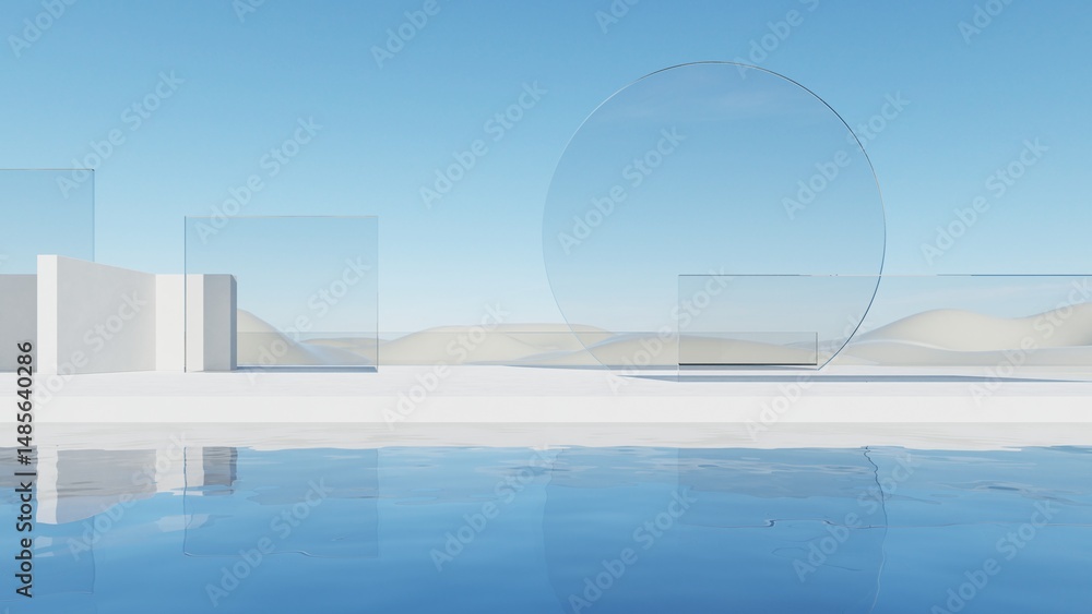 Poster 3d illustration of abstract minimal architecture background, geometric architectural with glass desi