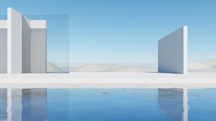 Obraz premium 3d illustration of abstract minimal architecture background, geometric architectural with glass design on water surface