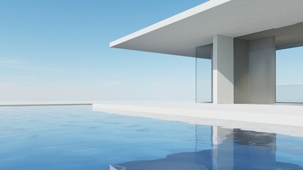 3d illustration of abstract minimal architecture background, geometric architectural with glass design on water surface