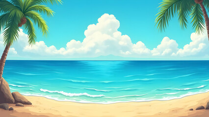 Beautiful Beach Illustration — Tropical Ocean Waves, Palm Trees & Summer Paradise Scene